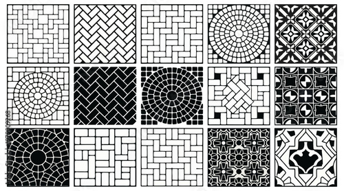 Collection of diverse vector paving patterns, showcasing various brick, tile, and circular designs, ideal for architectural and landscaping design projects.