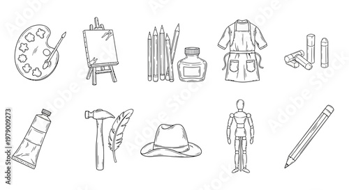 Handdrawn outline collection of artist tools, including palette, easel, pencils, paint tube, and mannequin. Ideal for educational resources and creative project visuals.