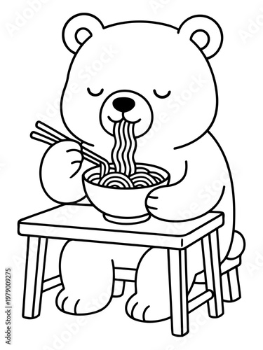 Bear's Delight: A charming bear enjoys a comforting bowl of noodles, showcasing culinary joy.