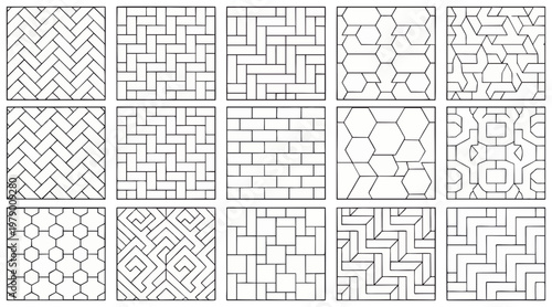 Collection of diverse seamless vector graphic patterns featuring geometric shapes and architectural paving textures for modern interior design and surface projects