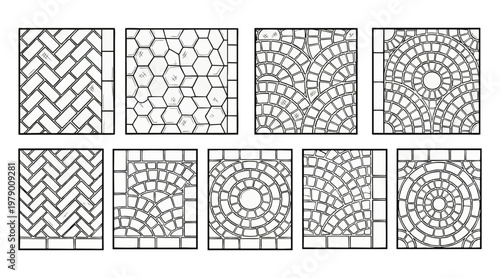 Set of black and white vector graphic illustrations showing various styles of stone pavers and decorative sidewalk brick patterns