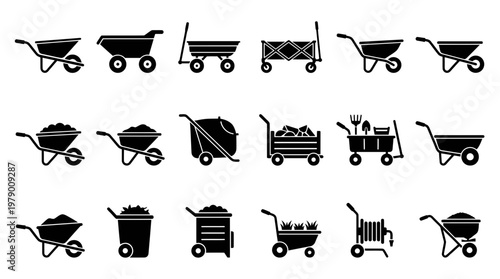 Black silhouette icons of various garden and construction carts, wheelbarrows, and utility wagons for landscaping, farming, and DIY project designs.