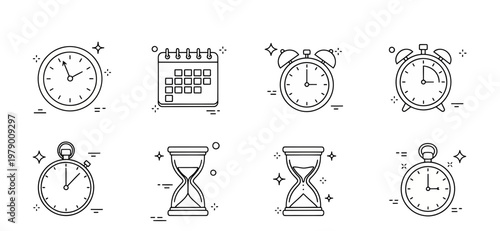 Set of minimalist line icons representing time scheduling and measurement including clocks calendars alarm clocks stopwatches and hourglasses perfect for modern digital interfaces.