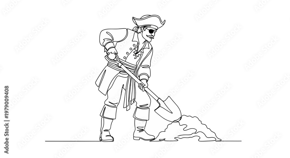 Fototapeta premium Continuous line drawing of a pirate with an eyepatch and tricorne hat, actively digging with a shovel. Ideal for adventure, treasure hunt, or historical themed projects and storytelling.