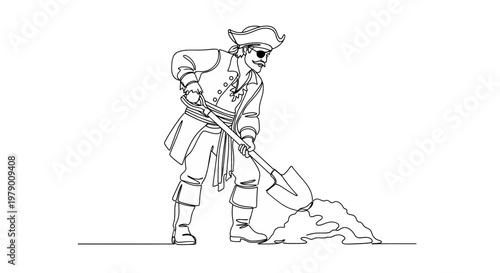 Continuous line drawing of a pirate with an eyepatch and tricorne hat, actively digging with a shovel. Ideal for adventure, treasure hunt, or historical themed projects and storytelling.