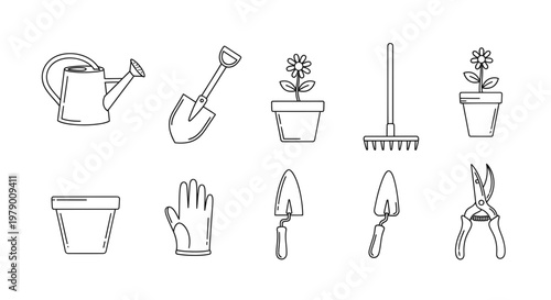 Gardening tools and plant care equipment depicted in simple outline style, ideal for illustrating horticultural activities and outdoor work.