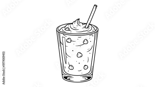 Hand drawn outline illustration of a creamy milkshake or smoothie with whipped cream and a straw, ideal for food menus, beverage ads, or snack shop graphics.