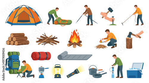 Camping Activities and Equipment Flat Vector Illustration Set for Outdoor Recreation