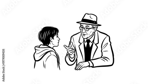 An older man wearing a hat and glasses speaks to a young boy, symbolizing mentorship, learning, and intergenerational dialogue for educational and familyoriented projects.