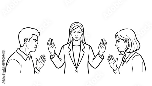 Mediator calms angry man and woman in dispute, illustrating conflict resolution and negotiation between parties for professional services.