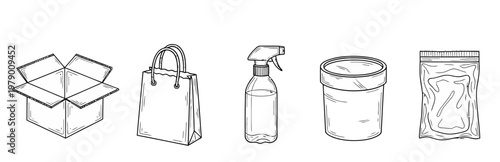 Handdrawn black and white line art showcasing various packaging items open box, shopping bag, spray bottle, round container, and flexible pouch. Ideal for business, retail, and product design.