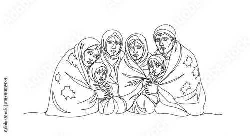 Continuous line drawing portraying an Arab family seeking warmth and shelter under blankets, depicting themes of hardship and human resilience, ideal for social awareness campaigns