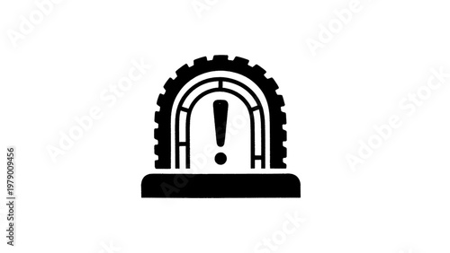 Flat black tire icon with exclamation mark indicating low pressure or a safety warning for automotive applications and vehicle diagnostics.