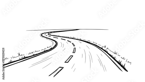 Hand drawn sketch of a winding road with dashed lane markers and grass illustrating concepts of journey travel and progress ideal for various media projects.