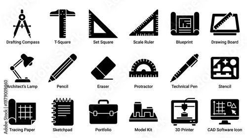 This comprehensive collection showcases essential drafting, architecture, and engineering tools and equipment as clean graphic icons for various creative and professional applications.