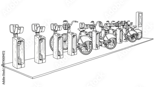 Monochromatic line drawing of an urban bicycle sharing station with bikes and empty docks. Perfect for showcasing ecofriendly city transportation and public rental concepts.