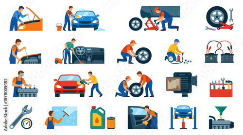Automotive Car Service and Repair Flat Vector Icons Set
