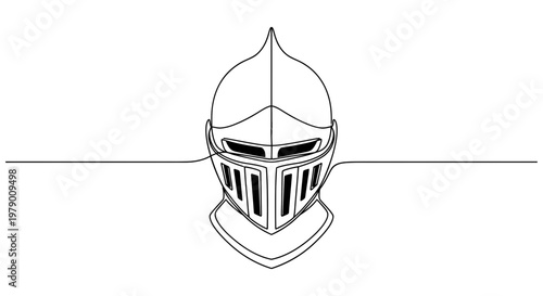 Minimalist single continuous line drawing of a knight helmet, perfect for medieval themes, historical graphics, or symbolizing security and heritage.