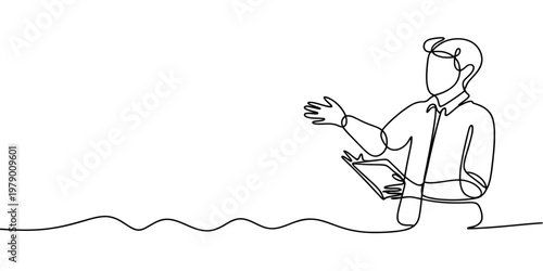 Continuous line drawing of a man presenting or teaching, holding a notebook. Minimalist graphic for business, education, or communication themes.