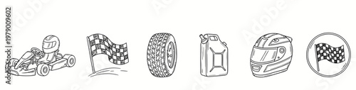 Hand drawn racing essentials featuring gokart, checkered flag, tire, fuel can, and helmet, perfect for motorsports events and graphic designs.