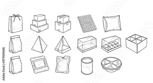 Collection of handdrawn line art packaging solutions including bags, boxes, transparent containers, and blister packs, ideal for illustrating shipping, storage, and retail concepts.