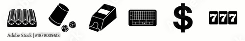 Diverse collection of gambling and casino icons including chips, dice, card shoe, bingo, dollar, and slot machine for gaming concepts and winning themes.