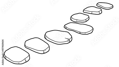 Simple black and white outline of natural stepping stones forming a winding path, ideal for conveying concepts of journey, development, or garden design.