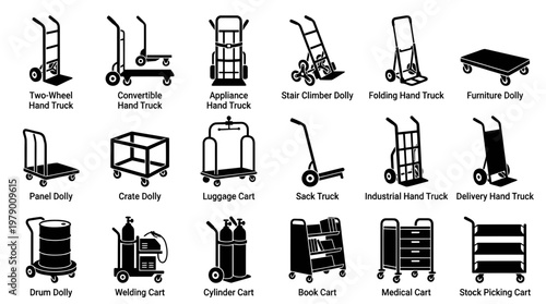 Diverse collection of material handling equipment icons, including various hand trucks, dollies, and carts, perfect for logistics, warehousing, moving services, and delivery applications.