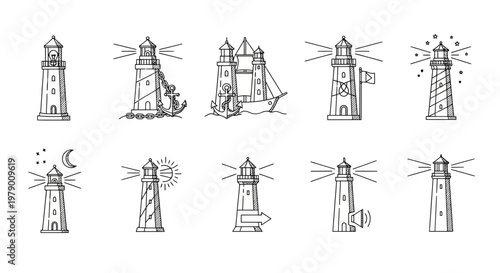 Hand drawn lighthouse icon collection featuring various designs for marine navigation, guiding light, and maritime safety. Perfect for nautical graphic themes and web assets.