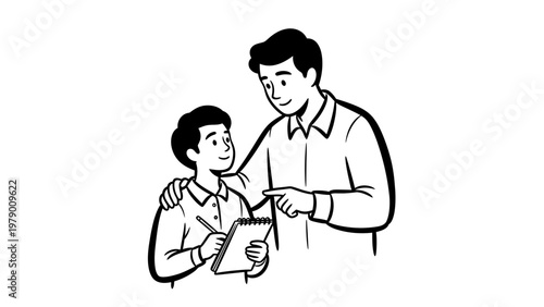 An adult male guides a young boy holding a notebook and pen, symbolizing education, mentorship, and supportive learning environments for various developmental needs.