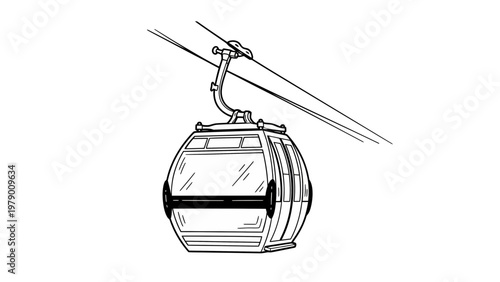 Line drawing of a cable car gondola suspended from wires, suitable for travel, tourism, and transportation projects.