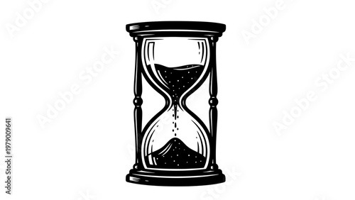Elegant black and white hourglass, sand falling, symbolizing fleeting time, urgency, or patience. Ideal for illustrating concepts of past, present, future, and temporal measurement.