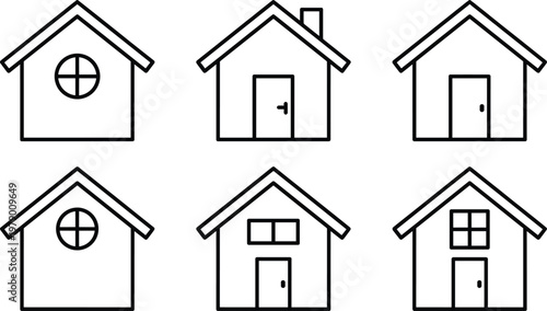 Set of 6 Black and White House Icons with Different Window and Door Features
