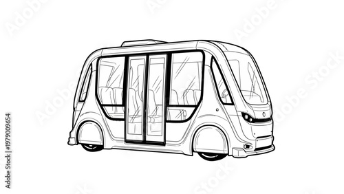 Line drawing of an autonomous electric shuttle, representing future urban transport and smart mobility solutions for sustainable cities.