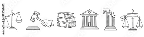 Collection of handdrawn legal system symbols including scales of justice, gavel, law books, courthouse, and a broken column perfect for legal education and justicerelated content