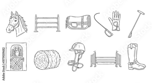 Hand drawn collection of equestrian items like horse head, stable, saddle pad, riding crop, gloves, helmet, boots, and fences for horse riding and sport themes.
