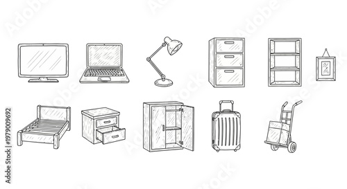 Sketch icons of household appliances, office essentials, and moving supplies, perfect for graphic projects.