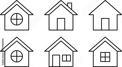 Set of 6 Black and White House Icons with Various Window and Door Designs