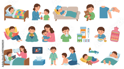 Flat Vector Illustration Set: Childhood Sickness, Medical Care, and Home Recovery for Kids