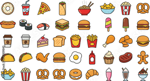 Set of 30 Colorful Fast Food and Snack Icons, Beverages, Desserts, and Meals Collection