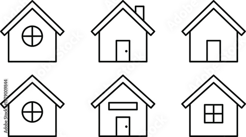 Set of 6 Minimalistic Black and White House Icons with Different Window Designs