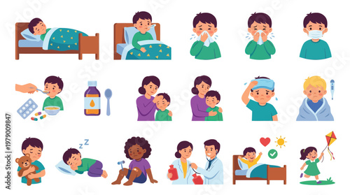 Child Illness, Symptoms, Treatment, and Recovery Flat Vector Illustration Set