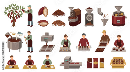 Flat Vector Illustration of Chocolate Production Process from Cocoa Bean to Bar in Food Industry