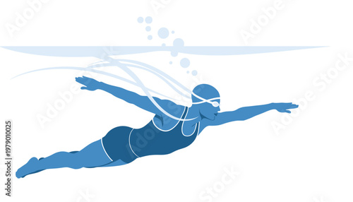 Underwater view of a swimmer performing the butterfly stroke, flat design vector illustration