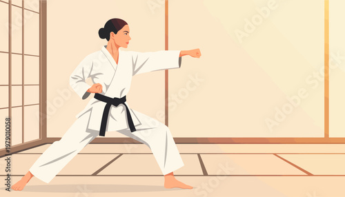 martial artist woman in powerful karate stance vector illustration