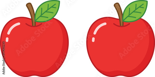 Set of 2 Fresh Red Apples with Green Leaves, Healthy Fruit Illustration