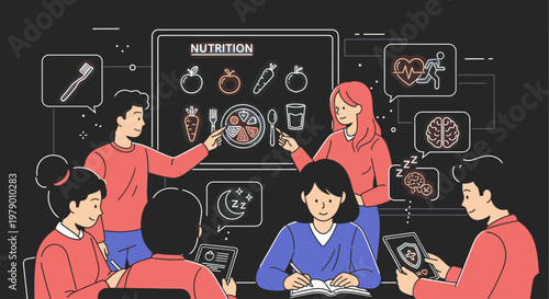 Group of diverse people discussing nutrition and health in a meeting with educational illustrations on a blackboard background.