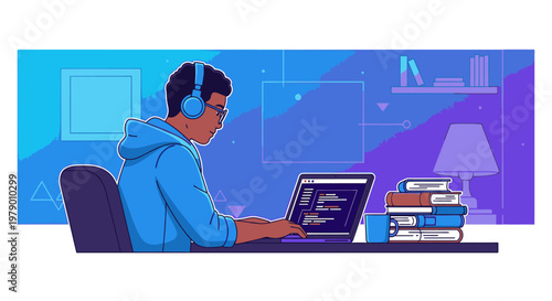 Illustration of a young man wearing headphones and working on a laptop at a desk with books and a lamp in a colorful room.