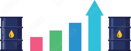 Set of 2 Oil Barrels with Colorful Bar Graph and Upward Arrow, Energy Industry Growth and Market Expansion Illustration