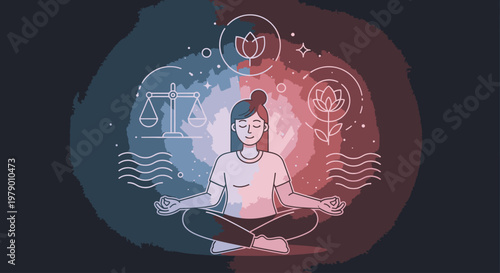 Illustration of a meditating woman with zodiac symbols and lotus flowers in a serene, balanced composition with warm and cool tones.